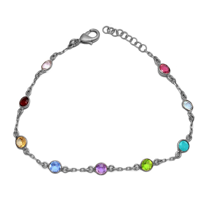 Round Shape Multi Color Gemstone 925 Sterling Silver Gold